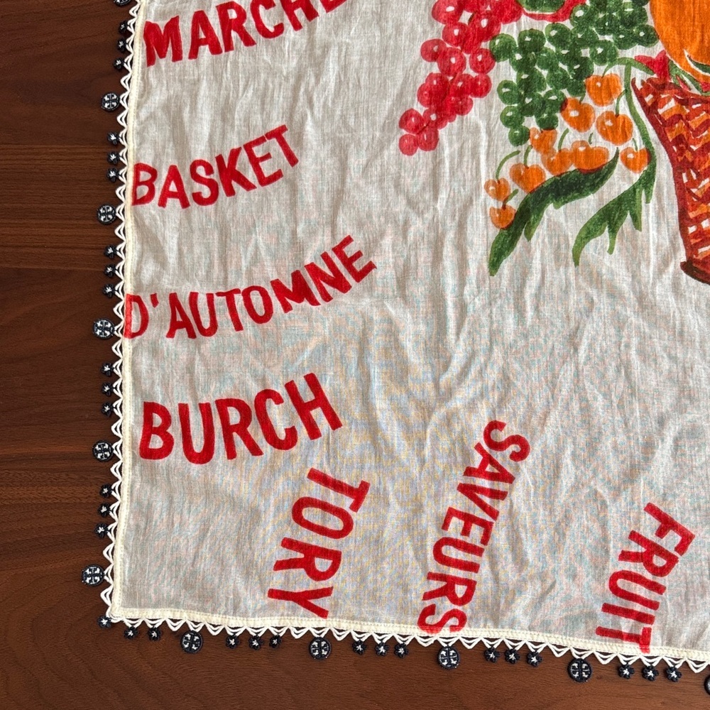 Tory Burch Fruit Basket Printed scarf in Red, Orange & Green - Picture 5 of 11